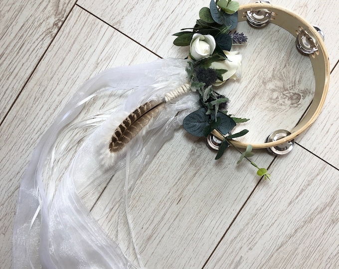 Floral Tambourine With Organza & Satin Ribbon Detail. Perfect Modern