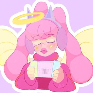 Gaming Angel - Cozy intendo Switch Sticker, Girly Y2K Aesthetic Gamer, Original Art Cartoon Illustration, Pink Hair, Sticker Laptop Decals