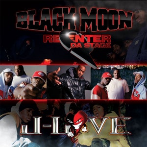May include: A black and red album cover with the title "Black Moon Re-Enter Da Stage" and the artist name "Ji-Love". The cover features a group of men in various poses.