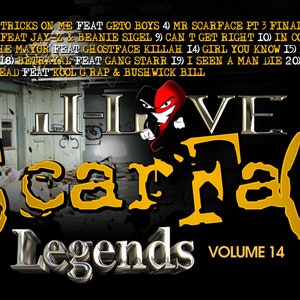 Puede incluir: Un dise&ntilde;o gr&aacute;fico amarillo y negro con el texto "I Love Scarface Legends Volume 14". El dise&ntilde;o presenta un coraz&oacute;n rojo con una cara y una imagen en blanco y negro de un hombre en el fondo.