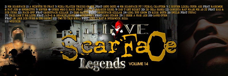 Puede incluir: Un dise&ntilde;o gr&aacute;fico amarillo y negro con el texto "I Love Scarface Legends Volume 14". El dise&ntilde;o presenta un coraz&oacute;n rojo con una cara y una imagen en blanco y negro de un hombre en el fondo.