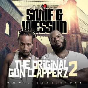 May include: A black and white poster with the text "LIVE SMIF & WESSUN HOME OF THE ORIGINAL GUNCLAPPERZ 2 WWW.JLOVESTORE.COM"  Two men are featured in the poster, one with dreadlocks and the other with a beard. The poster has a city skyline in the background.