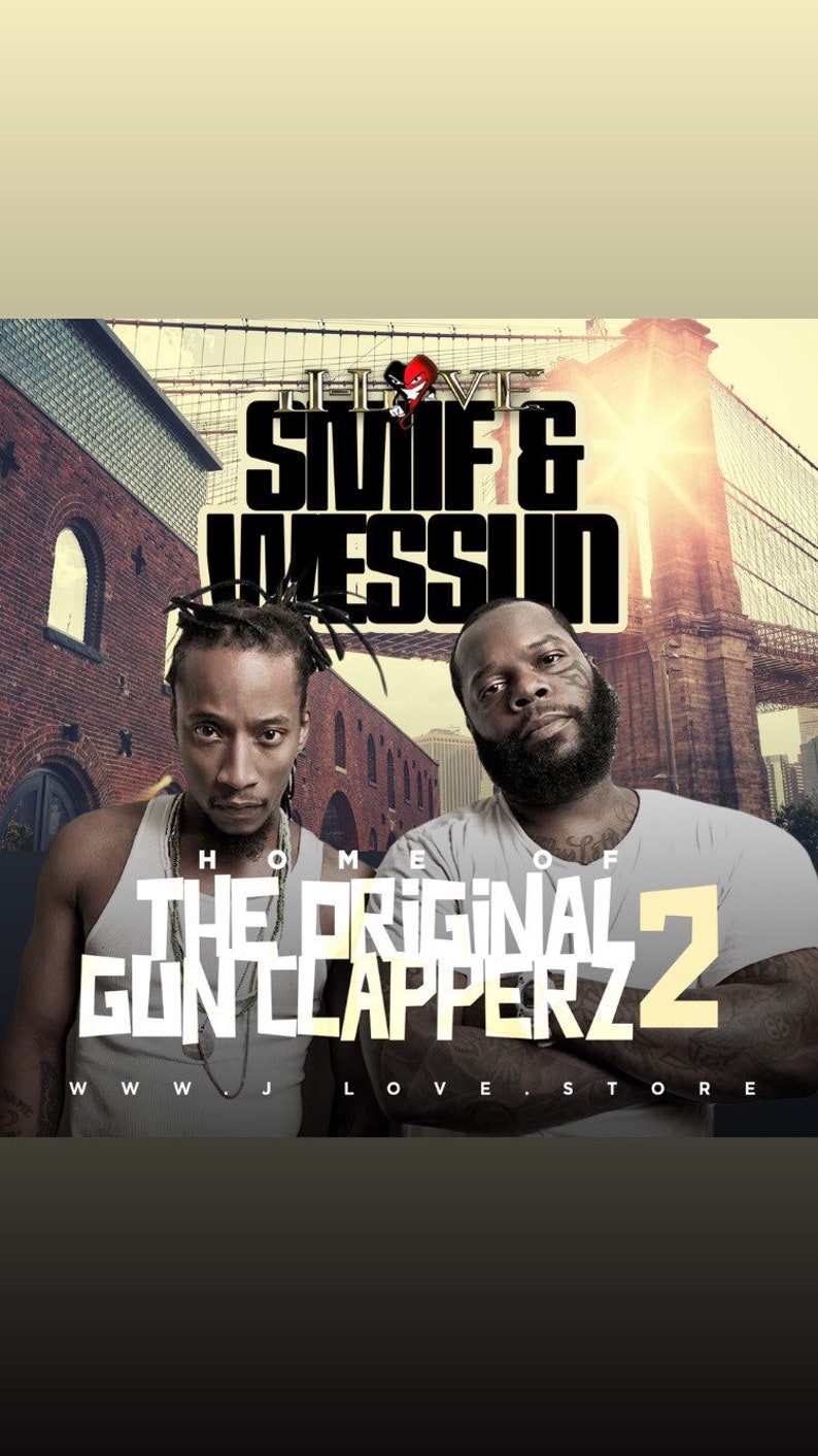 May include: A black and white poster with the text "LIVE SMIF & WESSUN HOME OF THE ORIGINAL GUNCLAPPERZ 2 WWW.JLOVESTORE.COM"  Two men are featured in the poster, one with dreadlocks and the other with a beard. The poster has a city skyline in the background.