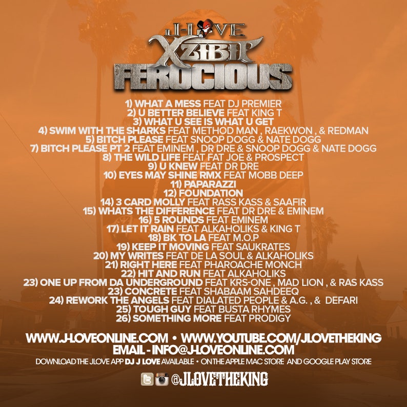 Puede incluir: Un fondo amarillo y naranja con texto negro que enumera los t&iacute;tulos de las pistas y las colaboraciones del &aacute;lbum "I Love Xzibit: Ferocious". El &aacute;lbum presenta artistas como DJ Premier, King T, Method Man, RaeKwon, Redman, Snoop Dogg, Nate Dogg, Eminem, Dr. Dre, Fat Joe, Mobb Deep, y m&aacute;s.