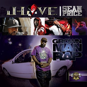 May include: A promotional poster for a music album titled "Grown Man Rap" by J-Love and Sean Price. The poster features a purple and white car, a man in a purple shirt, and a logo with the text "Out The Box Entertainment".