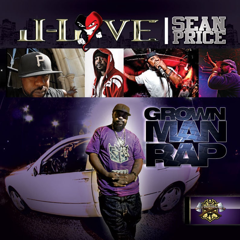 May include: A promotional poster for a music album titled "Grown Man Rap" by J-Love and Sean Price. The poster features a purple and white car, a man in a purple shirt, and a logo with the text "Out The Box Entertainment".