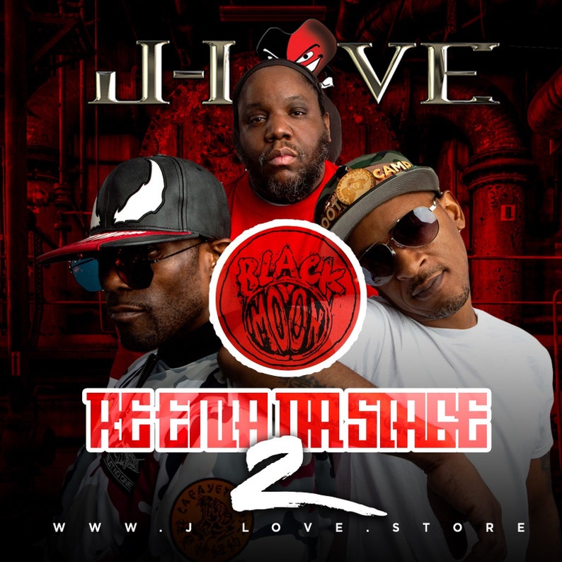 May include: Three men wearing hats and sunglasses pose for a photo. The men are standing in front of a red background with the words "J-Love" and "Beneath The Shade 2" in large white letters. The words "Black Moon" are written in a circle with a black moon graphic inside. The text "www.jlove.store" is at the bottom of the image.