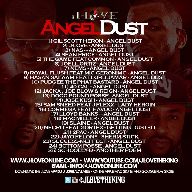 Puede incluir: Un p&oacute;ster en blanco y negro con el texto "I-LOVE ANGEL DUST" en letras blancas grandes. El p&oacute;ster enumera 25 canciones con los nombres de los artistas y los t&iacute;tulos de las canciones. El p&oacute;ster tambi&eacute;n incluye la direcci&oacute;n del sitio web www.jloveonline.com y el nombre de usuario de las redes sociales @jlovetheking.