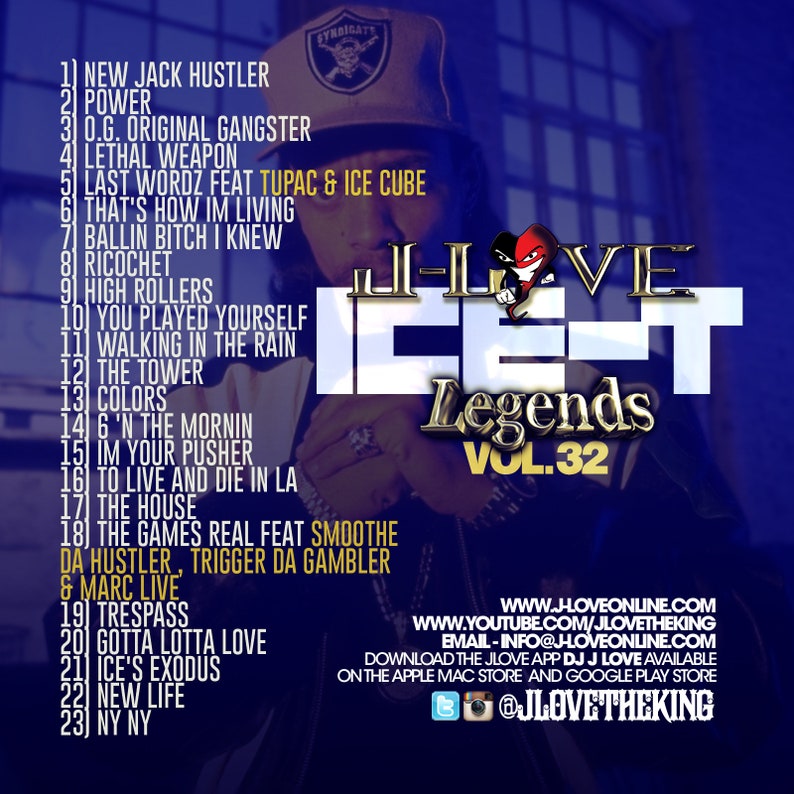 Puede incluir: Una portada de &aacute;lbum azul y rojo con el t&iacute;tulo "I-I Love Ice-T Legends Vol. 32". La portada presenta un retrato de Ice-T y una lista de t&iacute;tulos de canciones, incluyendo "New Jack Hustler", "Power", "0.G. Original Gangster", "Lethal Weapon", "Last Wordz feat Tupac & Ice Cube", "That's How Im Living", "Ballin Bitch I Knew", "Ricochet", "High Rollers", "You Played Yourself", "Walking In The Rain", "The Tower", "Colors", "6 'N The Mornin", "Im Your Pusher", "To Live And Die In LA", "The House", "The Games Real Feat Smoothe Da Hustler, Trigger Da Gambler & Marc Live", "Trespass", "Gotta Lotta Love", "Ice's Exodus", "New Life", "NY NY".