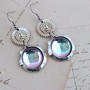 Pendientes steampunk, colgante de cabujón, espejo, cristal checo vintage
