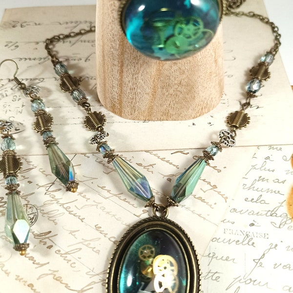 Ensemble de bijoux steampunk cabochons lumière sous l'eau