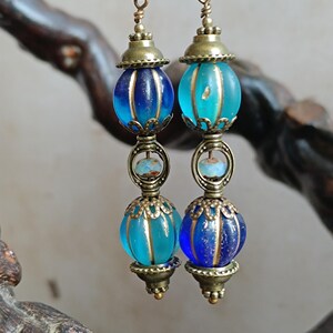Antique Hourglass Earrings, Steampunk Artifact, Alchemy Instrument, Czech Glass, Antique Bronze Blue