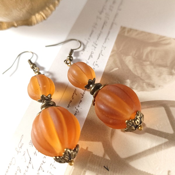 Boucles d'oreilles perles verre citrouilles lampwork rétro, victorienne