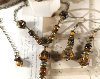 Ensemble de bijoux perles citrouilles, oeil de tigre, collier pendentif, boucles d'oreilles et bague