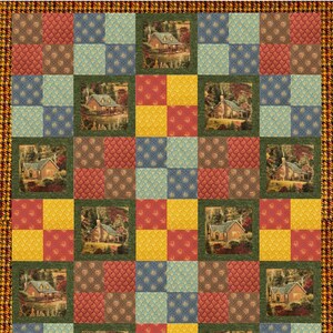 Thomas Kinkade Autumn Cabins Lap Quilt Kit, Includes Binding and Backing, Rare Fabric