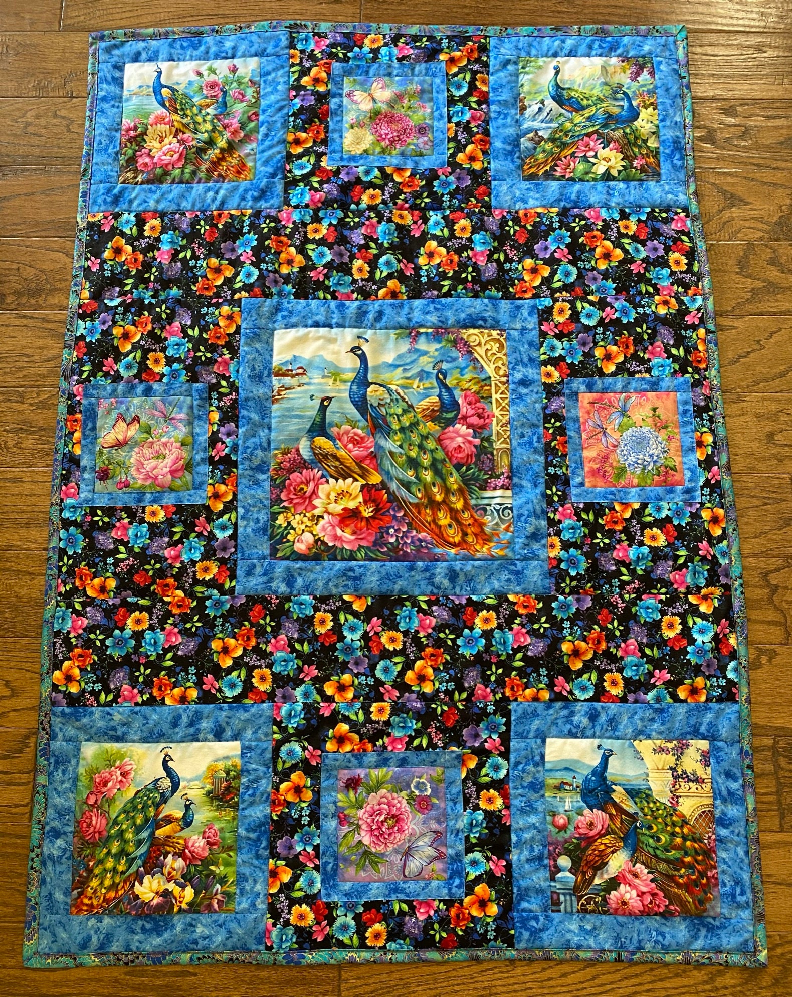 Peacocks Lap Quilt Kit, Includes Binding and Backing with FINISHED