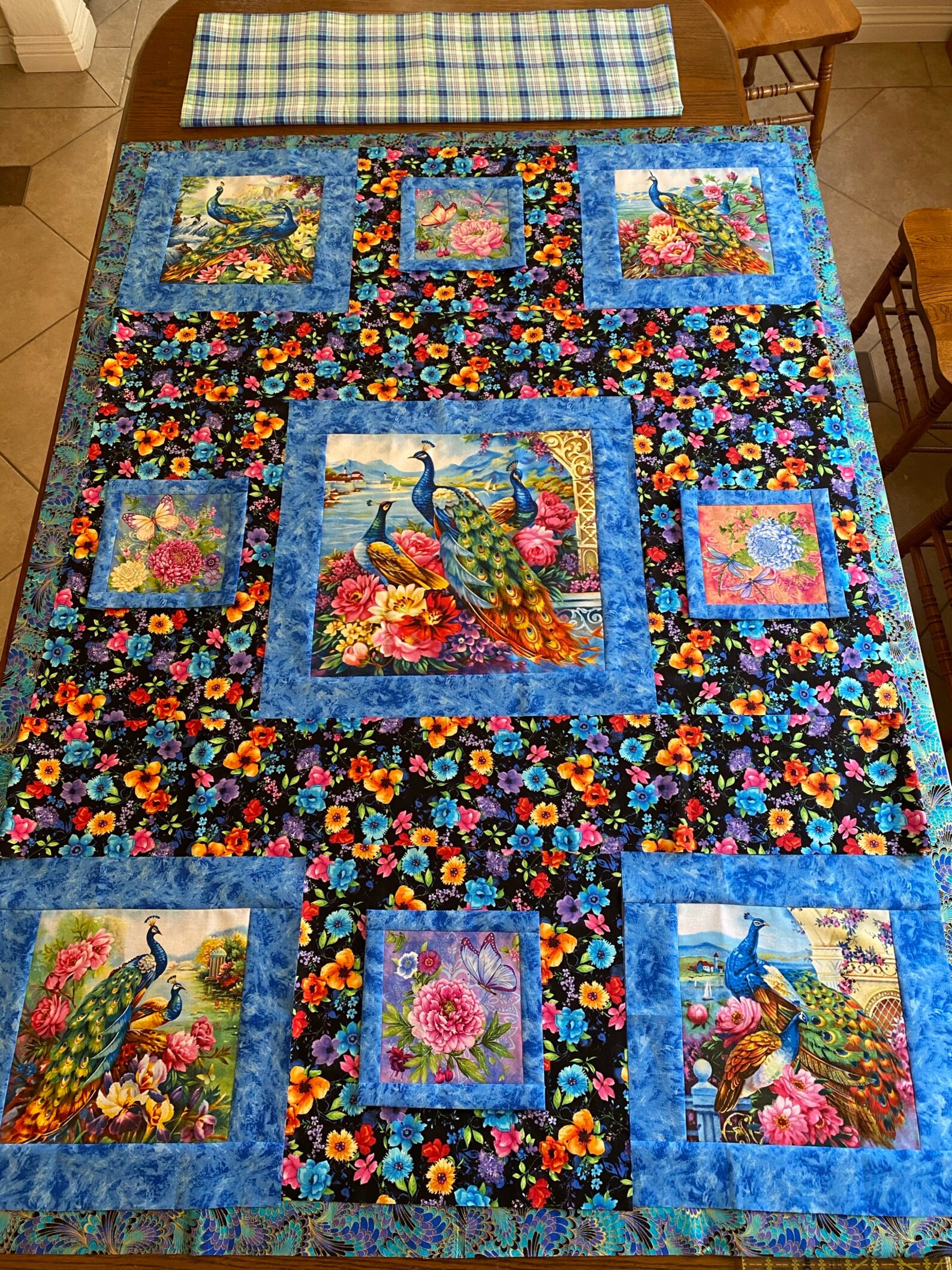 Peacocks Lap Quilt Kit, Includes Binding and Backing with FINISHED