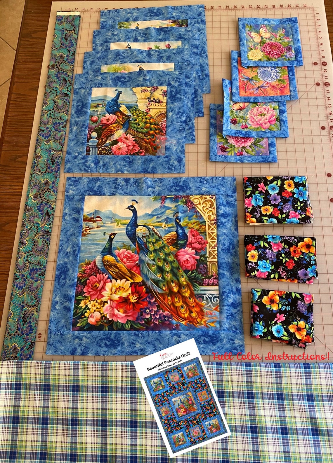 Peacocks Lap Quilt Kit, Includes Binding and Backing with FINISHED