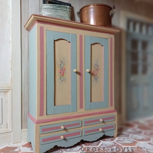 Beautiful hand painted linen cupboard, kitchen larder.  1:12 scale Handcrafted wooden Miniature Dollshouse Furniture.