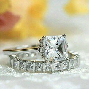 Princess Cut White Diamond Sterling Silver Wedding Ring Set