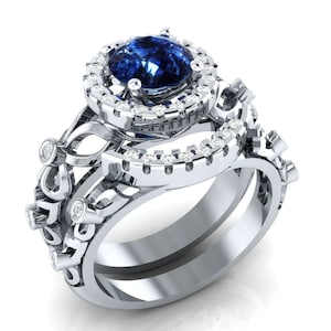 2.26 Ct Blue Sapphire Round Cut Lab-Created Diamond Unique Bridal Engagement 925 Sterling Silver Ring Sets, Valentine&#39;s Ring, Gift For Mom