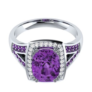 Lab-Created Purple Amethyst Silver CZ Band Ring – Women’s Rhodium Plated, Cubic Zirconia, Handmade