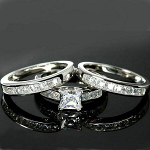 Princess Cut Lab Diamond Trio Ring Set - Sterling Silver Wedding Rings