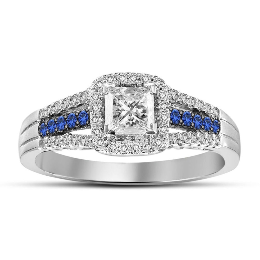 Lab Created Princess Cut Diamond Halo Ring: 925 Silver Engagement Ring ...