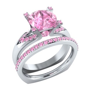 2.64 Ct Pink Round Cut Lab-Created Diamond Prong Style Bridal Engagement Ring Sets, 925 Sterling Silver Ring, Valentine&#39;s Gift, Gift For Mom