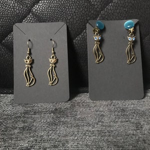 True vintage sparkly Swarovski eyes antiqued bronze Cat dangle drop Earrings