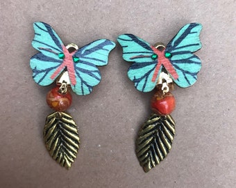 Wooden boho green BUTTERFLY clip - on EARRINGS