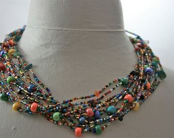 12 Strand rainbow necklace with pony beads made with glass beads from Czechoslovakia