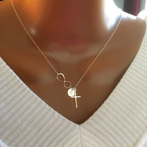 Gift For Mom, Birthday Gift For Her, Personalized Infinity Cross And Initial Discs Necklace, Custom Initial Discs, Custom Jewelry