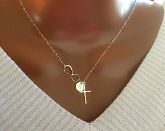 Gift For Mom, Birthday Gift For Her, Personalized Infinity Cross And Initial Discs Necklace, Custom Initial Discs, Custom Jewelry