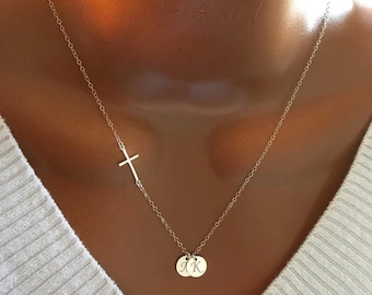 Gift For Mom, Birthday Gift For Her, Personalized Sideway Cross And Initial Discs Necklace, Custom Initial Discs, Custom Jewelry