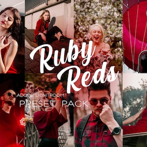 Puede incluir: Una colección de ajustes preestablecidos de Adobe Lightroom llamados "Ruby Reds" con un esquema de color rojo, blanco y azul. Los ajustes preestablecidos están diseñados para mejorar las fotos con un tono cálido, vibrante y rojizo.