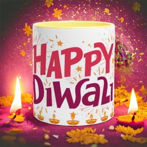 Happy Diwali Mug, Diwali Gift, Diwali Diya Mug, Hindu Mug, Festive Drinkware, Diwali Gift Idea  -White 11oz Ceramic Mug with Colour Inside