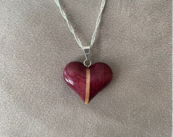 Wood Heart necklace , purpleheart and maple, gift for her, 5th anniversary, Mother's Day