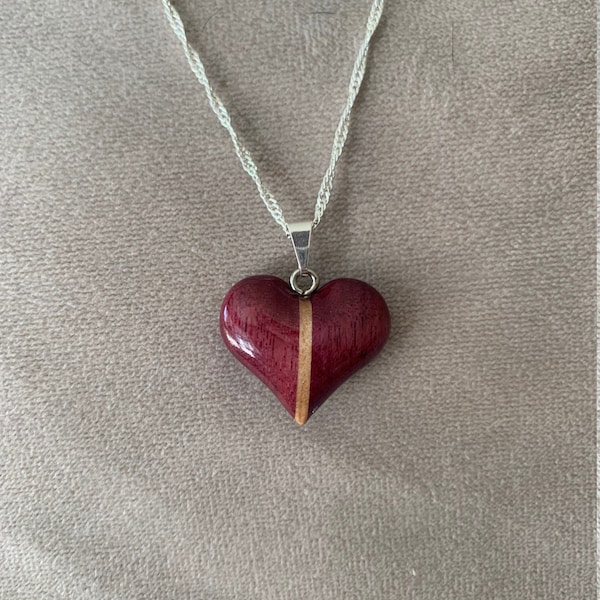 Wood Heart necklace , purpleheart and maple, gift for her, 5th anniversary, Mother's Day