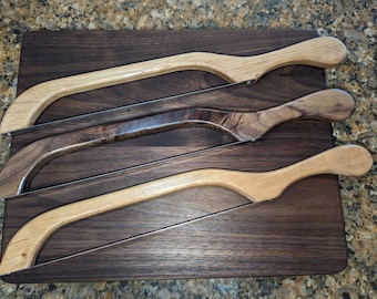 Wood Bread Knife, Bread Knife, Bow Bread Knife, Fiddle Bread Knife, Wooden, Walnut, Cherry, Oak, Stainless Steel Serrated Blade