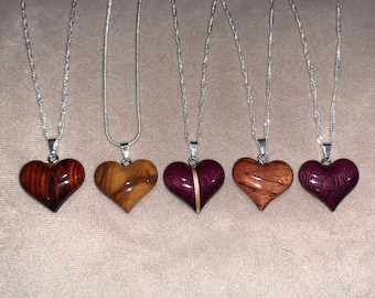 Wood Heart necklace , Purpleheart, Maple, Cocobolo, Bubinga, Olivewood, Gift or Her, 5th Anniversary, Mother's Day, Birthday, Valentine's