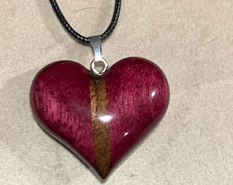 Wood Heart Pendant, necklace, purpleheart and walnut,Mother's Day, gift for her, 5th anniversary