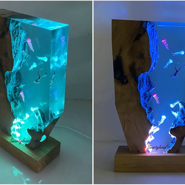 Jellyfish Resin Lamp | Wood Resin Lamp  | Scuba diver night light | Scuba diver gift |Shark Resin Lamp | Resin Art Lamp