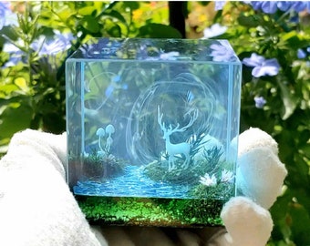 Spring Deer Resin Cube |Easter decor | Miniature resin | Ghostly glowin of the forest stag | Stag in Enchanted Forest | Encapsulated scene