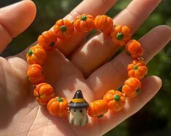 Halloween Pumpkin and Ghost Bracelet, Whaleshark Resin Diorama, Handmade Ocean Scene, Unique Gift for Ocean Lovers