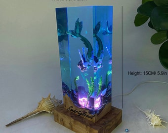 Handmade Mermaid Resin Lamp, Mermaid-Inspired Resin Art Lamp, Gift for Mermaid lovers, Resin Wood Lamp