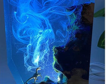 Handmade Wood Resin Night Light, Resin Art Lamp, Shark Resin Lamp, Scuba Diver Theme for Sea Lovers