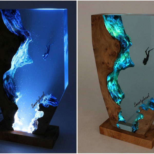 Scuba Diver Resin Lamp, Handmade LED Wood & Resin Night Light for Diving Lovers, Ocean art