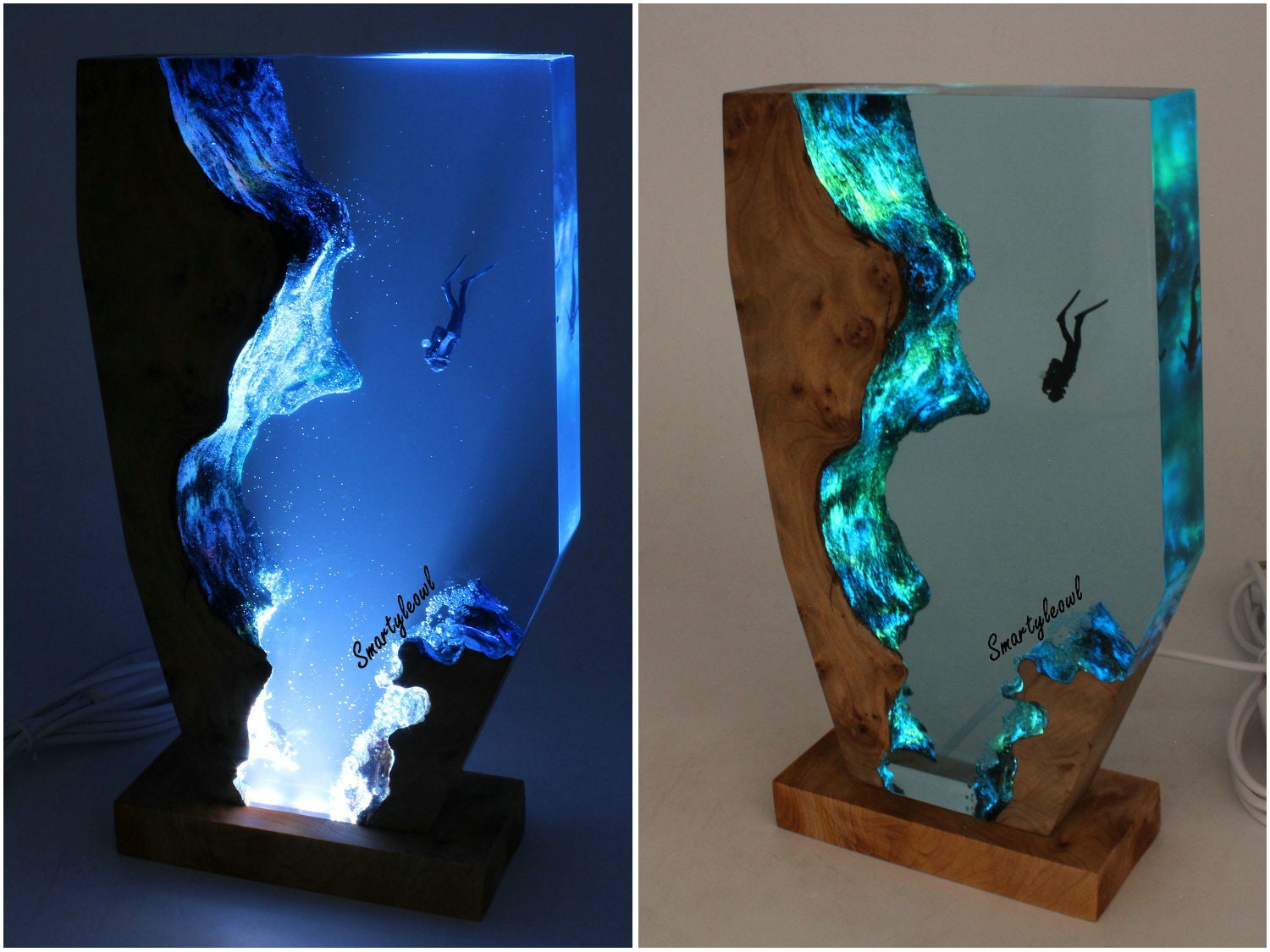 Scuba Diver Resin Lamp: Epoxy Wood Ocean Night Light