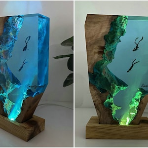 Handmade LED wood & resin lamp for diving lovers, Handcrafted Resin Wood Night Light, Wooden LED Lamp for Divers